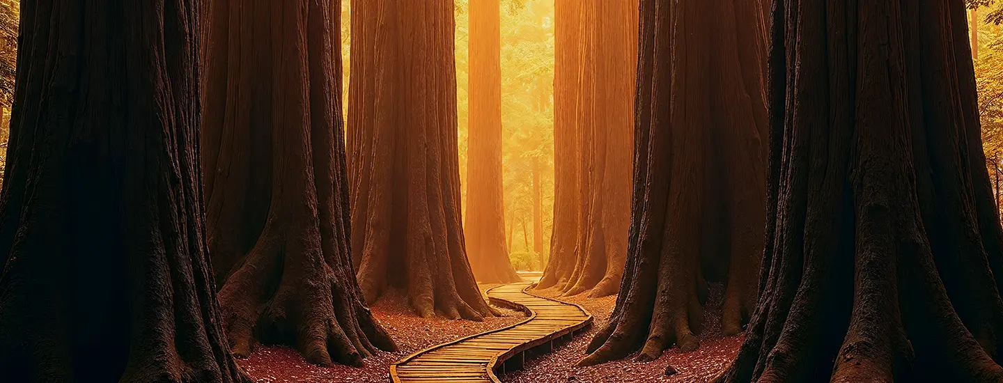 Un sinuoso sendero de madera atraviesa un bosque de árboles altos y frondosos bajo una cálida luz dorada, creando una atmósfera serena y mágica.